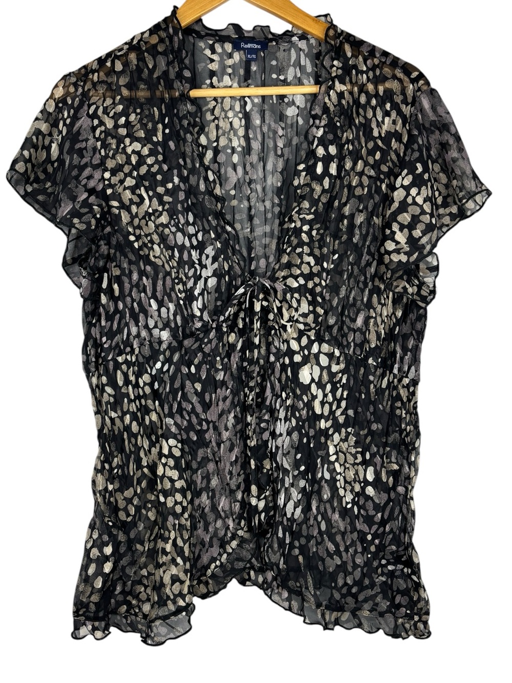 Reitman’s Sheer Abstract Print Flutter Sleeve Ruffle Neckline Layering Blouse